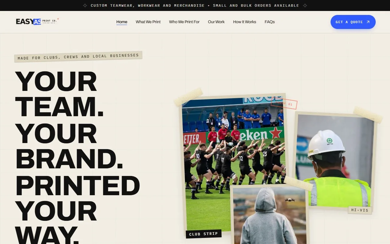 Easy As Print Co. concept homepage with bold headline and photos of club strips and hi vis workwear