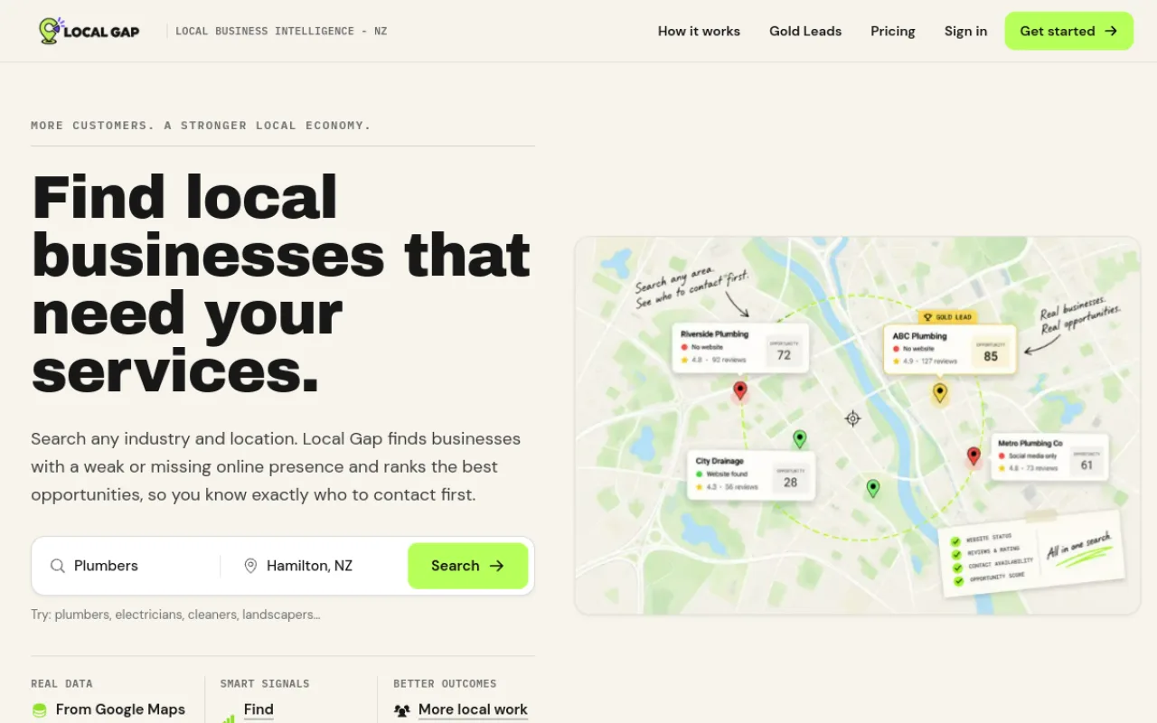 Local Gap homepage with a search bar for industry and location beside a map of local businesses