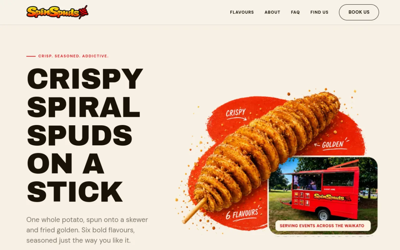 Spin My Spuds concept homepage with a spiral potato on a stick and a red food truck