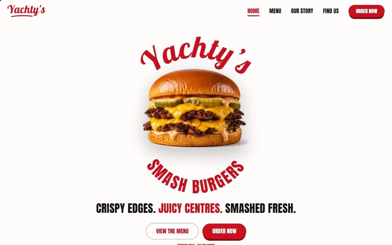 Yachty's Smash Burgers concept homepage with a double cheeseburger and red script lettering