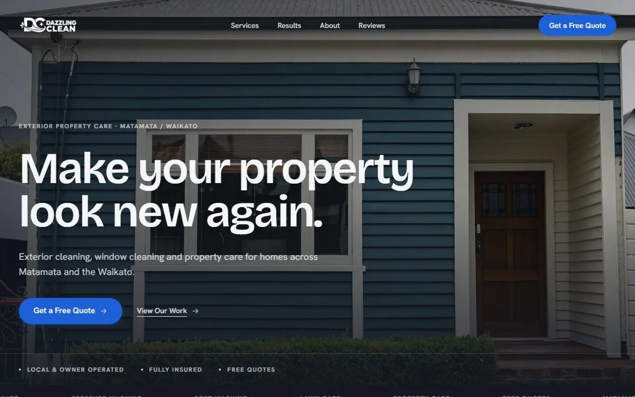 Dazzling Clean homepage showing a freshly cleaned weatherboard house and a Get a Free Quote button